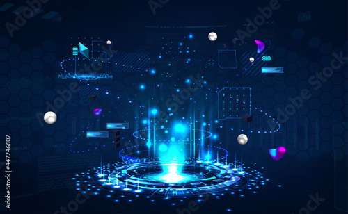 Sci-fi hologram podium template. Futuristic circle 3D lab with projector podium for show your product in cyberpunk style. Concept teleport, hologram, projector, magic portal. Vector background
