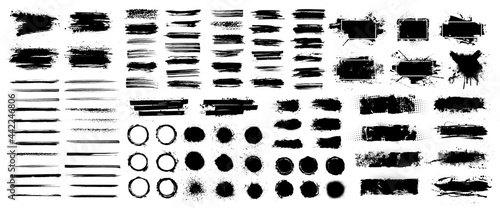 Dried brush strokes and splatter paint smudges for dirty design - logo, banners, flyers, cards, text box. Template hipsters stickers. Mud brushstroke, lines grunge, ink stencil, grunge. Vector set