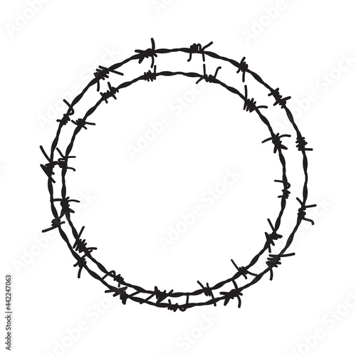 Barb wire circle vector fence frame. Barbed round wire ring prison logo