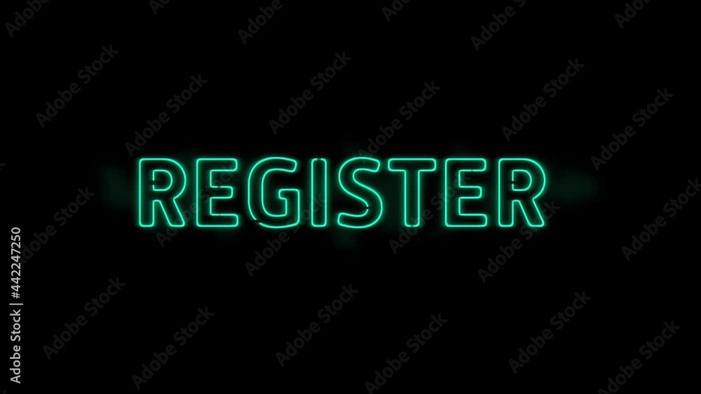 Animation of register neon text over black background Animation of register neon text over black background