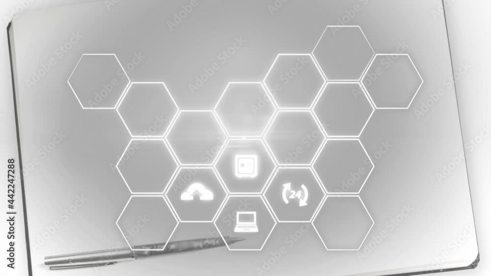 Animation of network of digital icons over pen and notebook in background Animation of network of digital icons over pen and notebook in background