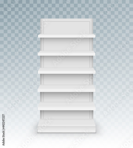Shelf store supermarket mockup stand. Retail shelf display empty vector rack shelves