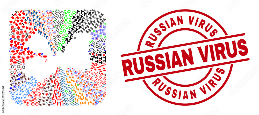 Vector mosaic Leningrad Region map of different icons and Russian Virus seal stamp. Mosaic Leningrad Region map created as carved shape from rounded square shape. Vector mosaic Leningrad Region map of different icons and Russian Virus seal stamp. Mosaic Leningrad Region map created as carved shape from rounded square shape.