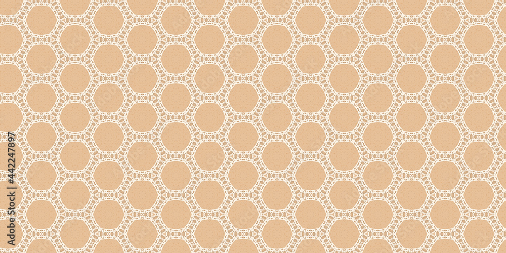 White lace pattern in circles. Repetitive pattern on beige background with paper texture.