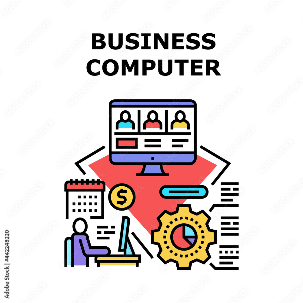 Business Computer Device Vector Icon Concept. Business Computer Device For Online Video Conference With Colleagues And Partners, Analyzing Chart And Earning Money In Internet Color Illustration