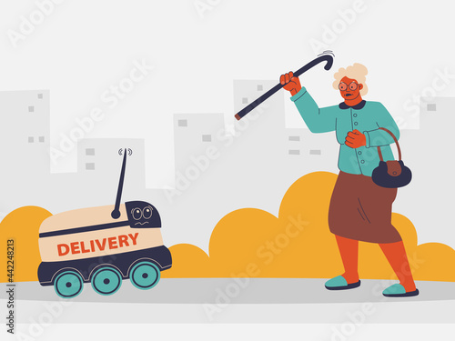 Unmanned delivery robot is afraid of an elderly woman threatening him. Delivery of goods and food by automatic machine. Old woman shakes her cane. Urban funny illustration.
