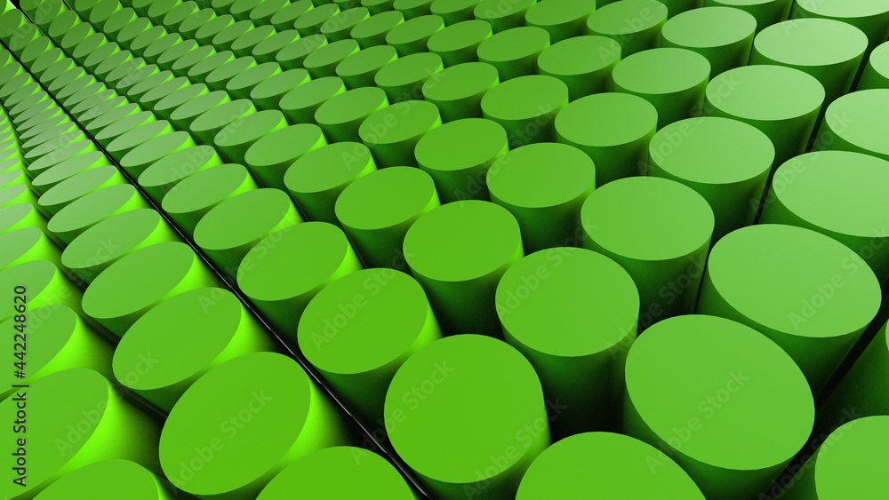 Fototapeta premium Abstract background with green cylinders under black-white background. 3D high quality rendering. 3D illustration. 3D CG.