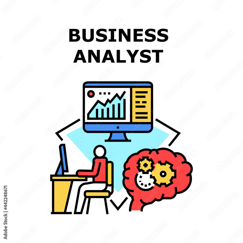 Business Analyst Vector Icon Concept. Business Analyst Monitoring And Analyzing Finance Trade Market Chart. Manager Work At Workspace, Businessman Analyze Stock Report On Notebook Color Illustration