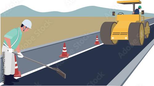 土木建設工事の現場で道路工事の作業を行う土木作業員男性のベクターイラスト
