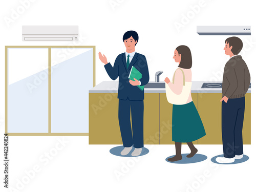 不動産仲介業者に物件を案内してもらう女性と男性のベクターイラスト