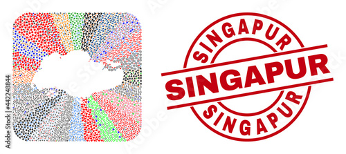 Vector mosaic Singapore map of different symbols and Singapur seal stamp. Mosaic Singapore map constructed as stencil from rounded square shape. Red round stamp with Singapur text.