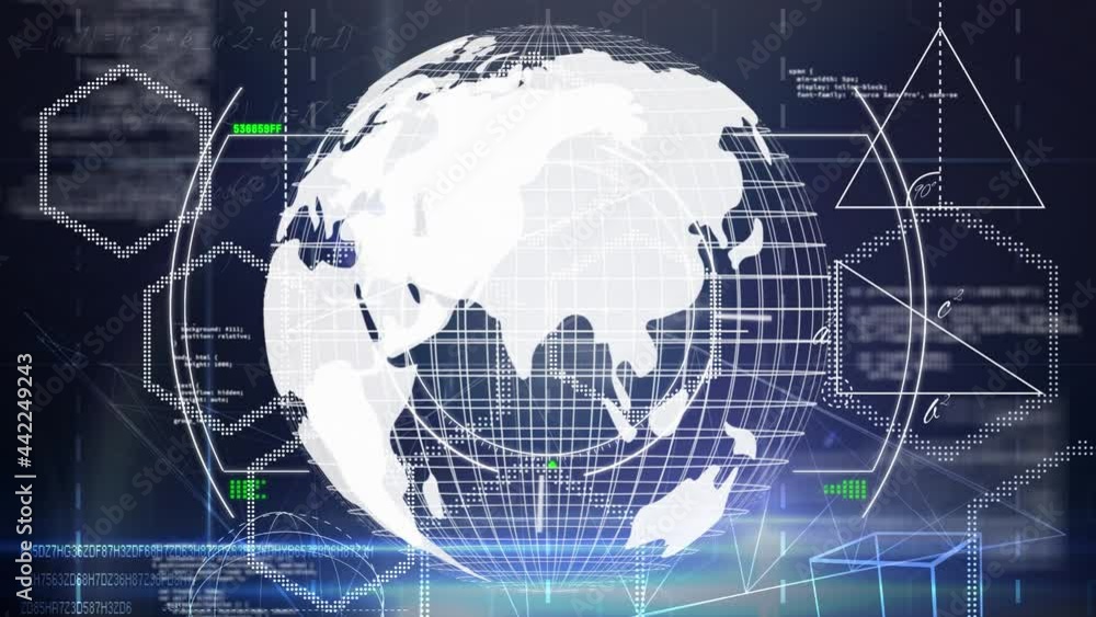 Animation of globe with network of connections over geometric figures Animation of globe with network of connections over geometric figures