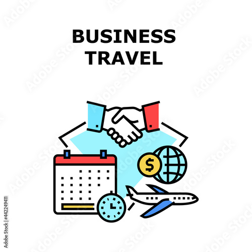 Business Travel Vector Icon Concept. Business Travel On International Conference Or Meeting With Partner, Signing Agreement Success Deal. Businessman Traveling On Airplane Color Illustration
