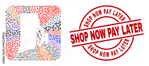 Vector mosaic Rhode Island State map of different icons and Shop Now Pay Later seal stamp. Collage Rhode Island State map created as subtraction from rounded square shape.
