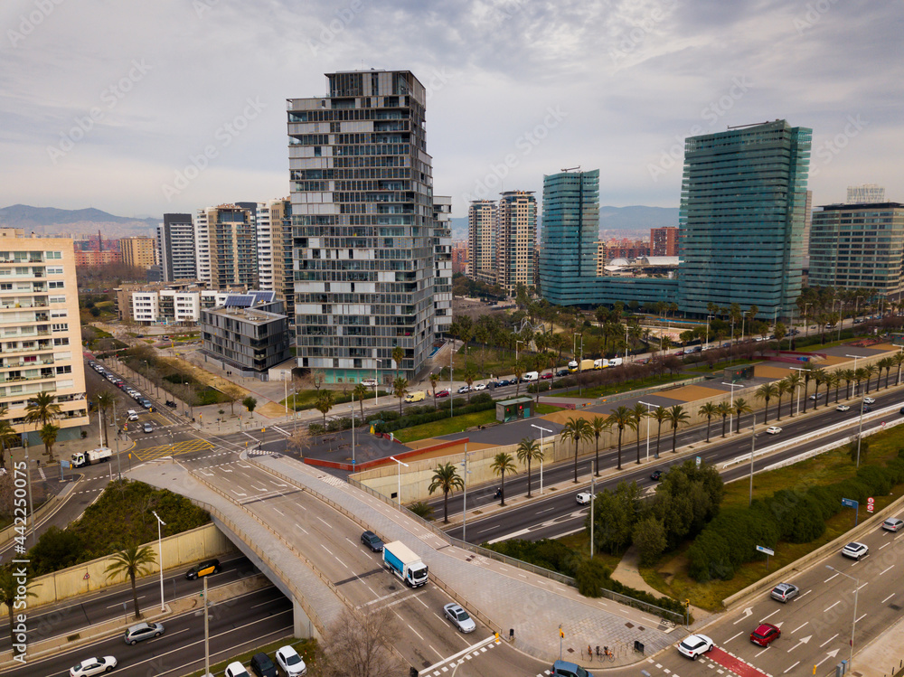 Panoramic view of modern areas in coastal zone of Barcelona
