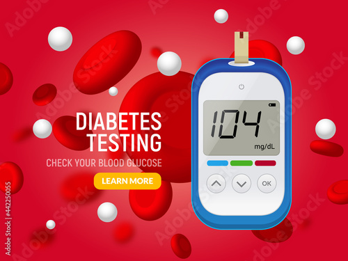 Glucose sugar test. Glucometer vector blood monitor. Diabetes sugar meter insulin control device illustration