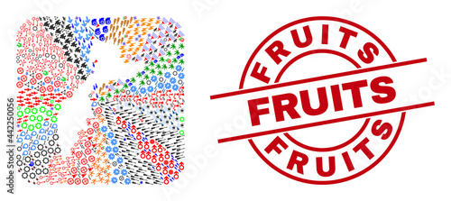 Vector collage Kamchatka map of different icons and Fruits seal stamp. Collage Kamchatka map designed as stencil from rounded square shape. Red round stamp with Fruits caption.