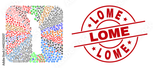 Vector collage Togo map of different icons and Lome seal stamp. Collage Togo map constructed as carved shape from rounded square. Red round imprint with Lome tag.