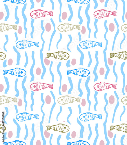 Beautiful fish seamless pattern, design for any purposes. Hand-drawn vector illustration.