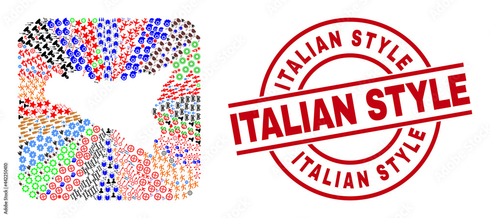 Vector mosaic Sicilia map of different pictograms and Italian Style seal stamp. Mosaic Sicilia map constructed as hole from rounded square. Red round stamp with Italian Style caption. Vector mosaic Sicilia map of different pictograms and Italian Style seal stamp. Mosaic Sicilia map constructed as hole from rounded square. Red round stamp with Italian Style caption.
