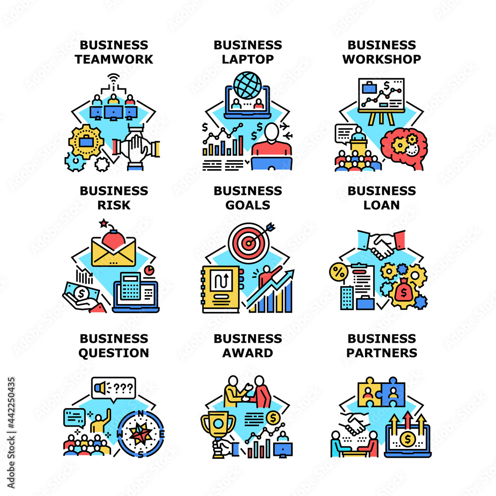 Business Goals Set Icons Vector Illustrations. Business Question And Loan, Teamwork And Workshop, Laptop Computer And Award For Competition, Risk And Partners Cooperation Color Illustrations