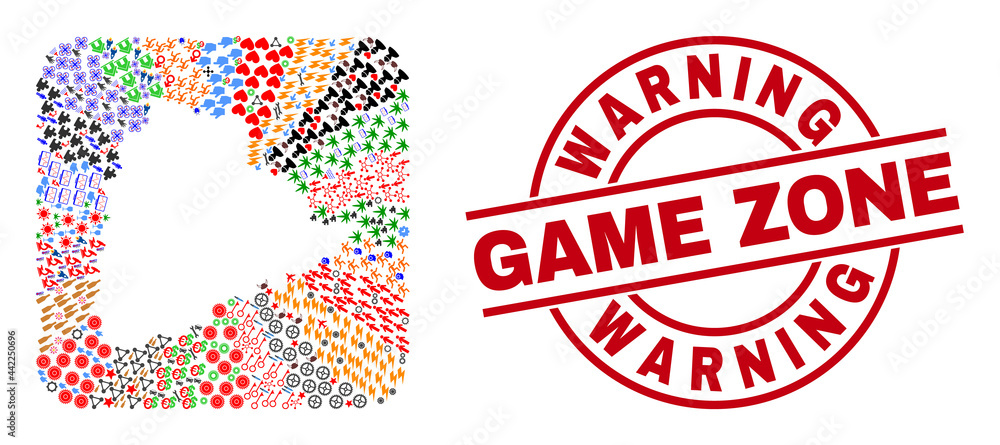 Vector mosaic Telangana State map of different symbols and Warning Game Zone badge. Collage Telangana State map designed as hole from rounded square. Red round badge with Warning Game Zone text. Vector mosaic Telangana State map of different symbols and Warning Game Zone badge. Collage Telangana State map designed as hole from rounded square. Red round badge with Warning Game Zone text.