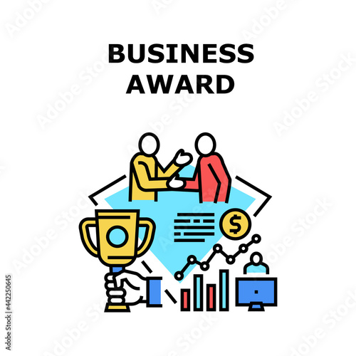 Business Award Vector Icon Concept. Business Award For Win In Company Project Competition, Success Goal Achievement. Winner Celebrate Increasing Profit And Perfect Work Color Illustration