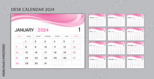Planner design, Set Desk Calendar 2024 template Vector, wall calendar 2024 year, Week Start On Sunday, Stationery, Printing, advertisement, pink wave background