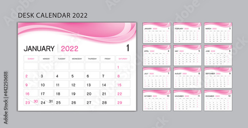 Planner design  Set Desk Calendar 2022 template Vector  wall calendar 2022 year  Week Start On Sunday  Stationery  Printing  advertisement  pink wave background