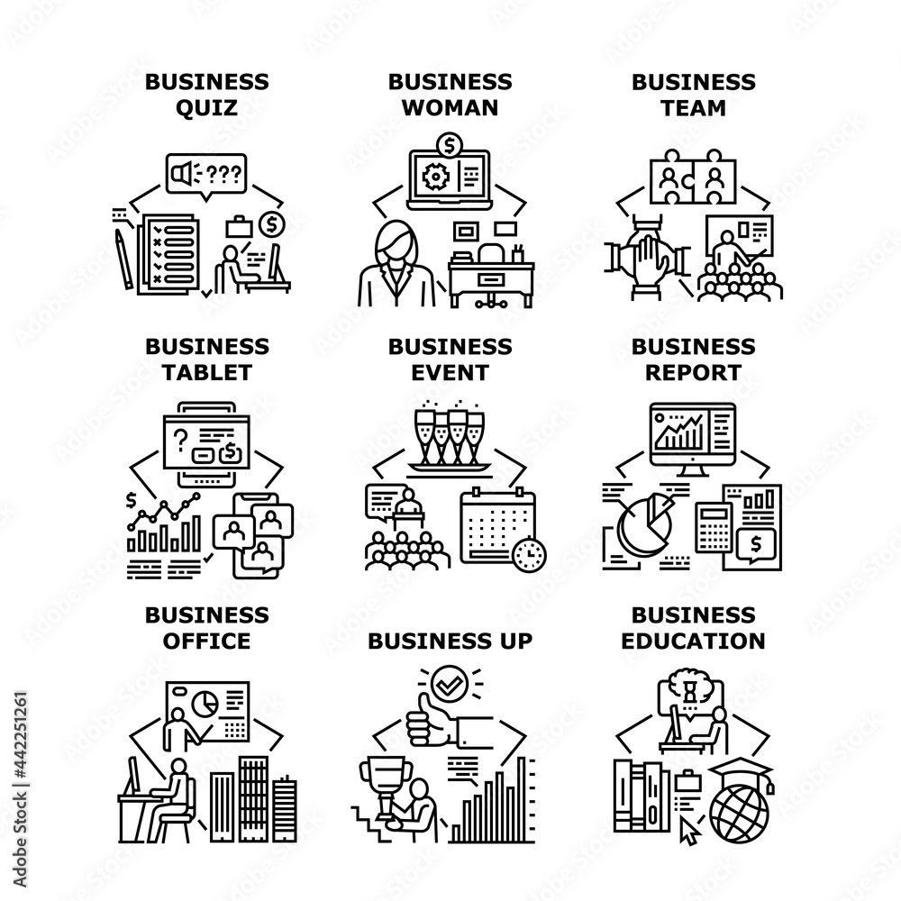 Business Education Set Icons Vector Illustrations. Business Quiz And Report, Office Event And Team, Woman With Tablet And Workspace. Growing Profit And Teamwork Black Illustration