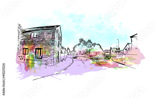 Building view with landmark of Herefordshire is a county in the West Midlands of England. Watercolor splash with hand drawn sketch illustration in vector.