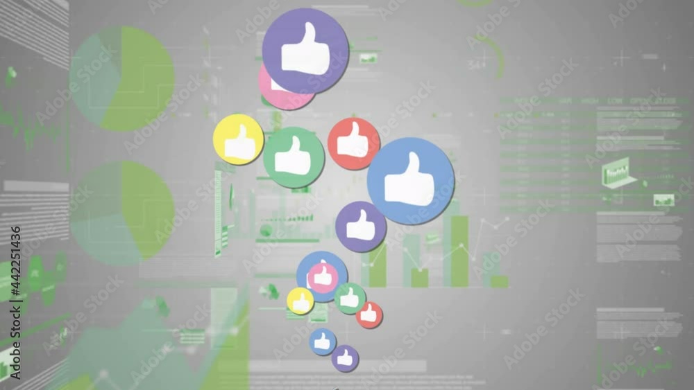 Animation of social media like icons, with interface screens processing data and charts, on grey Animation of social media like icons, with interface screens processing data and charts, on grey