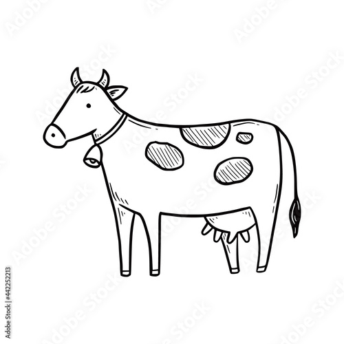 Hand drawn cute farm cow. Doodle sketch style. Drawing line simple cow icon. Isolated vector illustration.