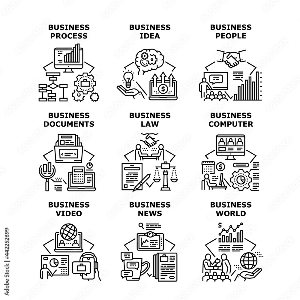 Business Process Set Icons Vector Illustrations. Business Idea And News, Video And World, Computer And Researching Documents, People And Law. Technology And Software Black Illustration