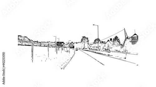 Building view with landmark of Herefordshire is a county in the West Midlands of England. Hand drawn sketch illustration in vector.