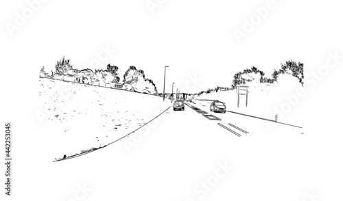 Building view with landmark of Herefordshire is a county in the West Midlands of England. Hand drawn sketch illustration in vector.