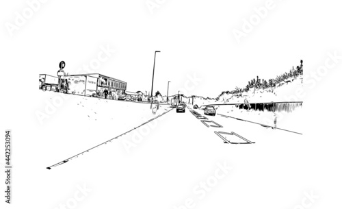 Building view with landmark of Herefordshire is a county in the West Midlands of England. Hand drawn sketch illustration in vector.