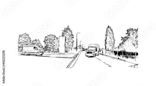 Building view with landmark of Herefordshire is a county in the West Midlands of England. Hand drawn sketch illustration in vector.