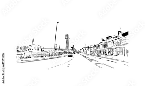 Building view with landmark of Herefordshire is a county in the West Midlands of England. Hand drawn sketch illustration in vector.