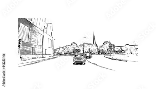 Building view with landmark of Herefordshire is a county in the West Midlands of England. Hand drawn sketch illustration in vector. photo