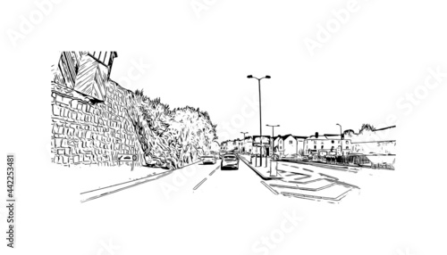 Building view with landmark of Herefordshire is a county in the West Midlands of England. Hand drawn sketch illustration in vector.