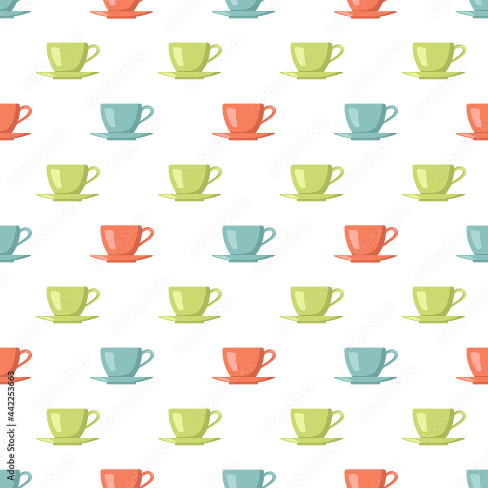 Seamless pattern with multi coloured cups and saucers. Prints for kitchen utensils, home design, textiles Seamless pattern with multi coloured cups and saucers. Prints for kitchen utensils, home design, textiles