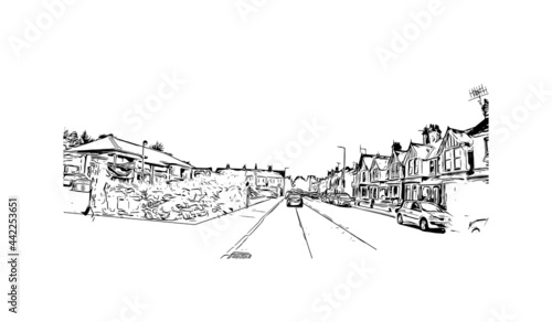 Building view with landmark of Herefordshire is a county in the West Midlands of England. Hand drawn sketch illustration in vector.