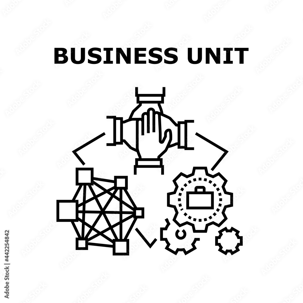 Business Unit Vector Icon Concept. Businesspeople Putting Hands Together And Working On Project, Business Unit Working Process And Collaboration. Unity And Teamwork Black Illustration