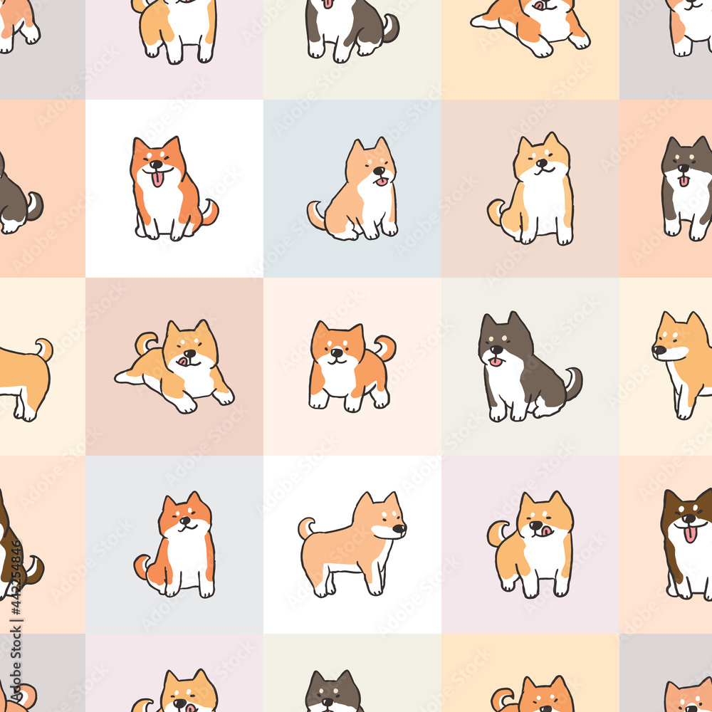 Seamless Pattern with Cartoon Shiba Inu Dog Illustration on Pastel Plaid Design