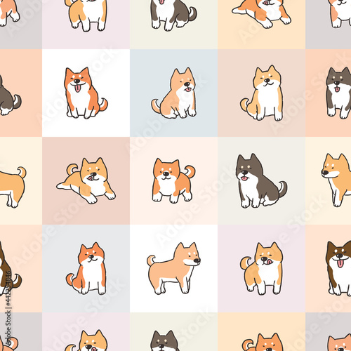 Seamless Pattern with Cartoon Shiba Inu Dog Illustration on Pastel Plaid Design