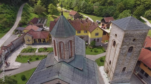 A top aerial view of The Monastery of Rača (Racha), situated in the vicinity of Bajina Bašta, a town in western Serbia. photo