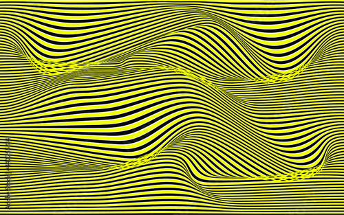 Optical illusion distorted wave. Abstract horizontal stripes vector design. Surreal pattern with black line isolated on yellow background photo