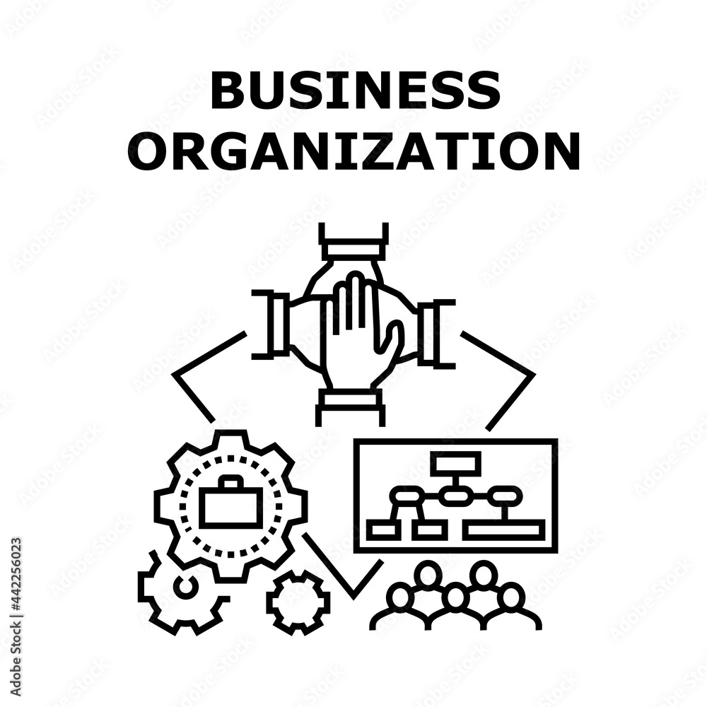 Business Organization Plan Vector Icon Concept. Business Organization Working Process And Management Employees Team, Presentation Strategy Structure. Successful Teamwork Black Illustration