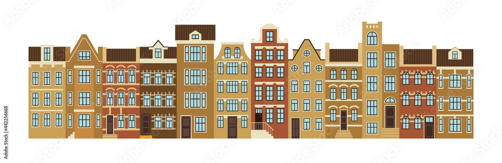 Row of old european houses. Vector graphic illustration isolated on white.